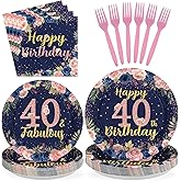 96Pcs 40th Birthday Party Decorations for Womens Navy Blue Rose Gold Floral 40th Birthday Plates and Napkins Sets for Women Girls Back in 1985 Cheers to 40 Years Old Party Supplies Serves 24