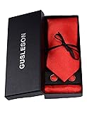 GUSLESON Mens Solid Red Tie with Handkerchief