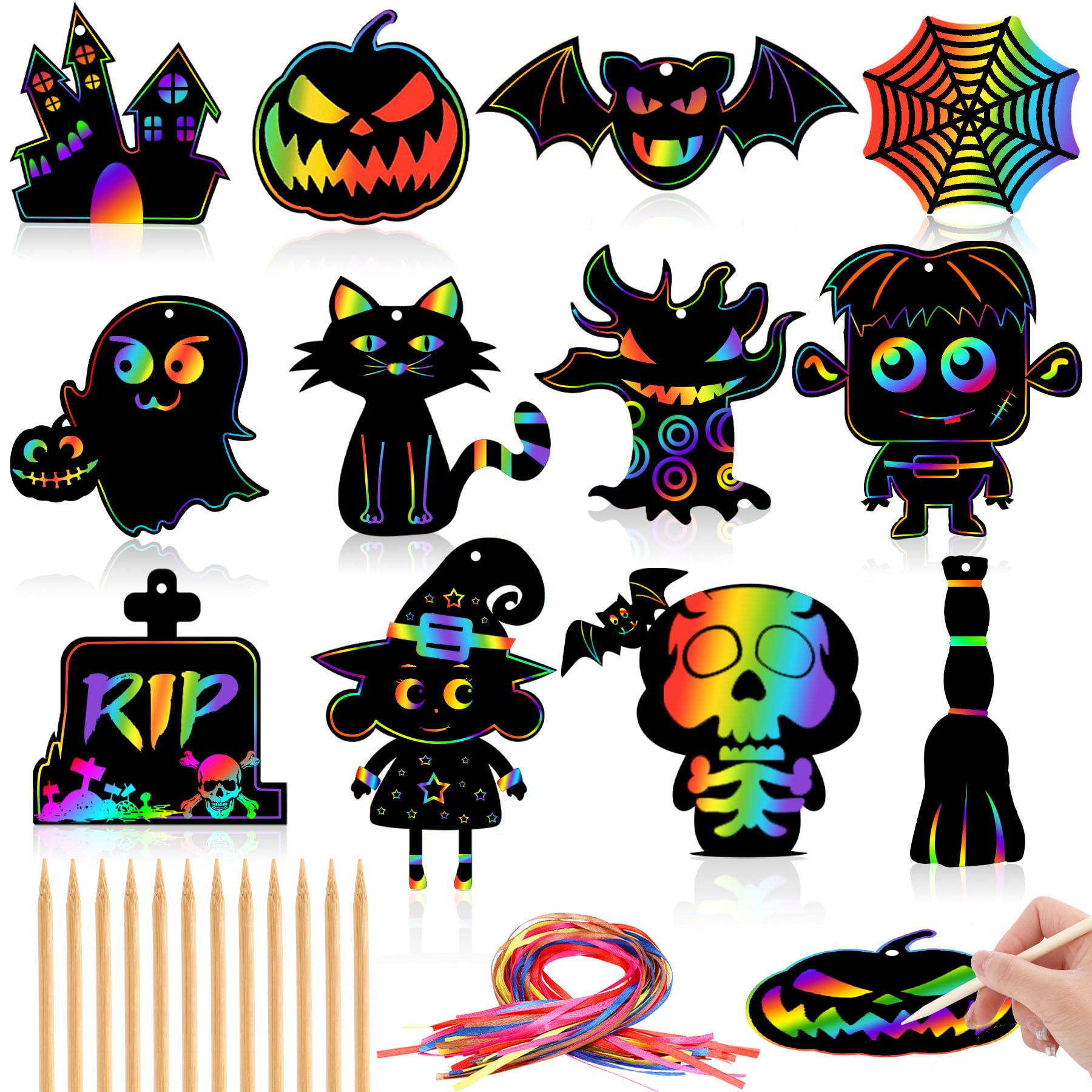 JULMELON 48 Pcs Halloween Scratch Paper Art, Halloween Magic Rainbow Scratch Paper Off Cards Set DIY Crafts Halloween Party Favors Educational Toys Games Halloween Ornaments