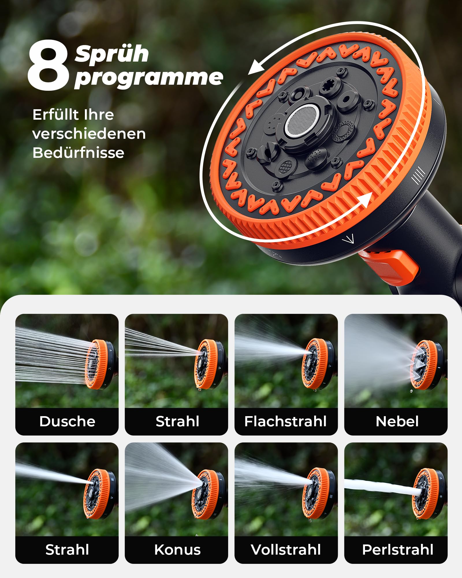 RAINPOINT Gartenbrause, Hochdruck Gartenschlauch Spritze mit 8 Bewässerungsmuster, Daumensteuerung, Schlauchdüse für Pflanzen Bewässerung, Rasenflächen, Autowaschen, Haustierdusche 8