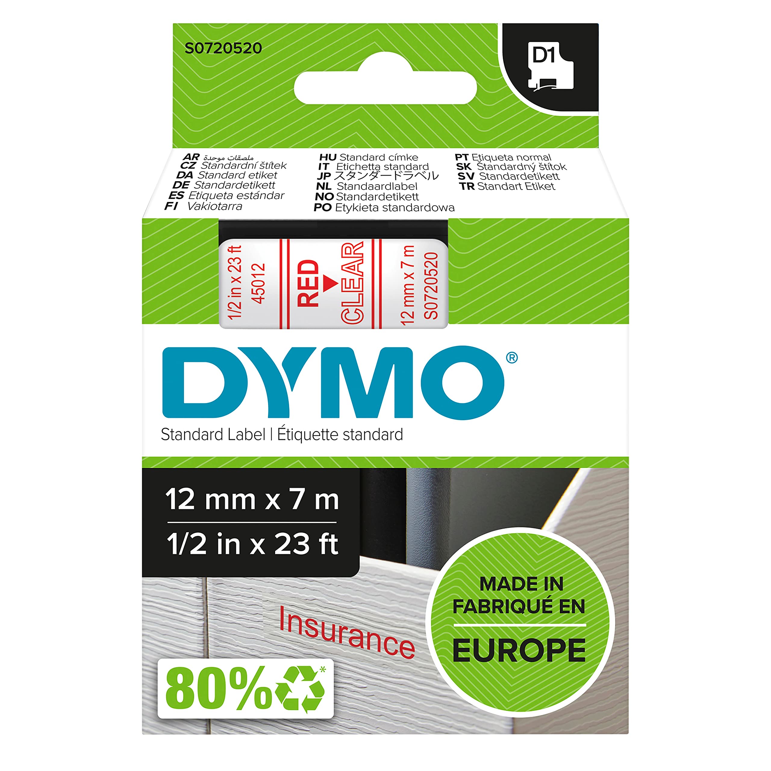 DYMO Authentic D1 Labels, Red Print on Clear Tape, 12 mm x 7 m, Self-Adhesive Labels for LabelManager Label Makers, Made in Europe