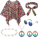 Hicarer 6 Pcs Hippie Costume Accessories Set Includes Headband Poncho Necklace Earrings Sunglasses for Women Girls