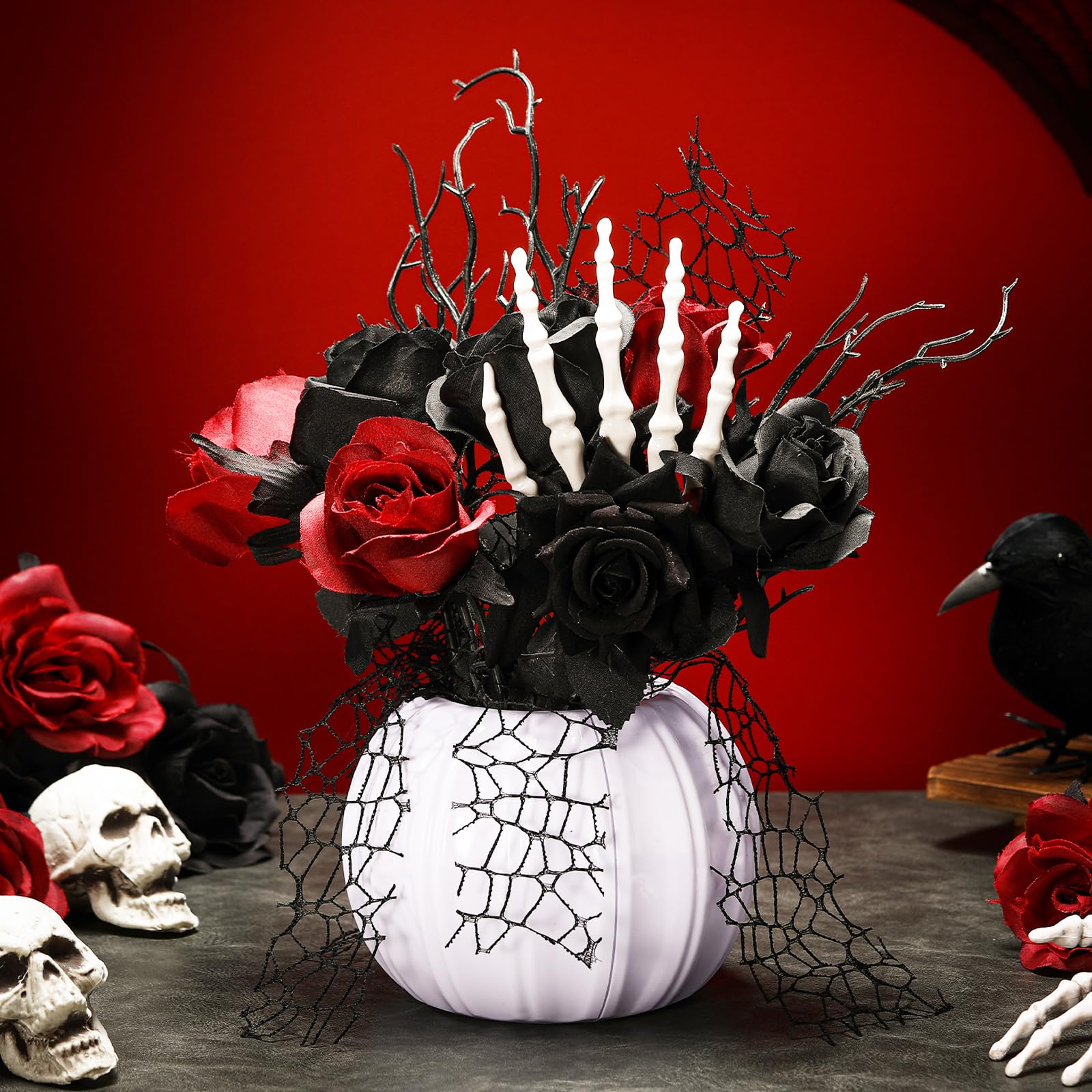 Photo 1 of *Missing Parts*
Chuangdi Halloween Table Centerpieces Decorations Halloween Table Artificial Flowers Decor Gothic Skeleton Hand with Black Red Fake Roses Removable Pumpkin Vase for Party Dining Photo Props