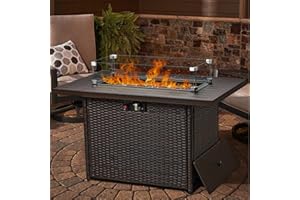 LayinSun 44" Propane Gas Fire Pit Table, 55000 BTU Rectangular Fire Pit with Glass Wind Guard for Outside Patio Deck Garden Backyard Brown-Aluminum Top
