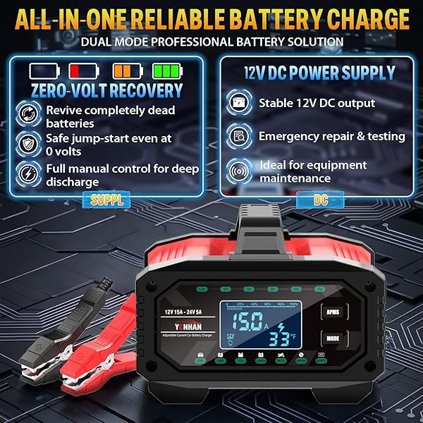YONHAN BATTERY CHARGER 0-15A 12V/24V ADJUSTABLE CURRENT LIFEPO4 CAR BATTERY CHARGER, BATTERY MAINTAINER AUTOMATIC TRICKLE CHARGER, BATTERY DESULFATOR W/TEMP COMPENSATION