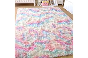 Ompaa Soft Fluffy Rainbow Kids Rug for Girls Bedroom Carpets, 5x8 Feet, Pastel Unicorn Room Decor, Kawaii Tie Dye Rugs for Teens Dorm Aesthetic, Shaggy Nursery Area Rug for Baby Toddler Princess Room
