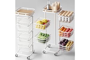 Ocyfym 5 Tier Kitchen Fruit Vegetable Storage Cart with Rotating Basket, Rolling Rack Shelf Organizer Floor Stand on Wheel fo