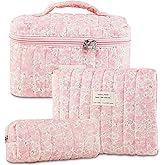 AMZMA 3Pcs Quilted Makeup Bag for Women, Large Travel Makeup Bag Set, Cute Aesthetic Cosmetic Bags, Floral Cotton Makeup Pouch Coquette Toiletry Organizer Bag