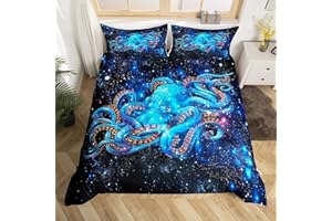FEELYOU Octopus Duvet Cover Ocean Kraken Print Comforter Cover Colorful Galaxy Stars Bedding Set For Kids Adults Octopus Tentacles Sea Marine Themed Bedspread Cover Ultra Soft Room Decor Queen Size Bedclothes