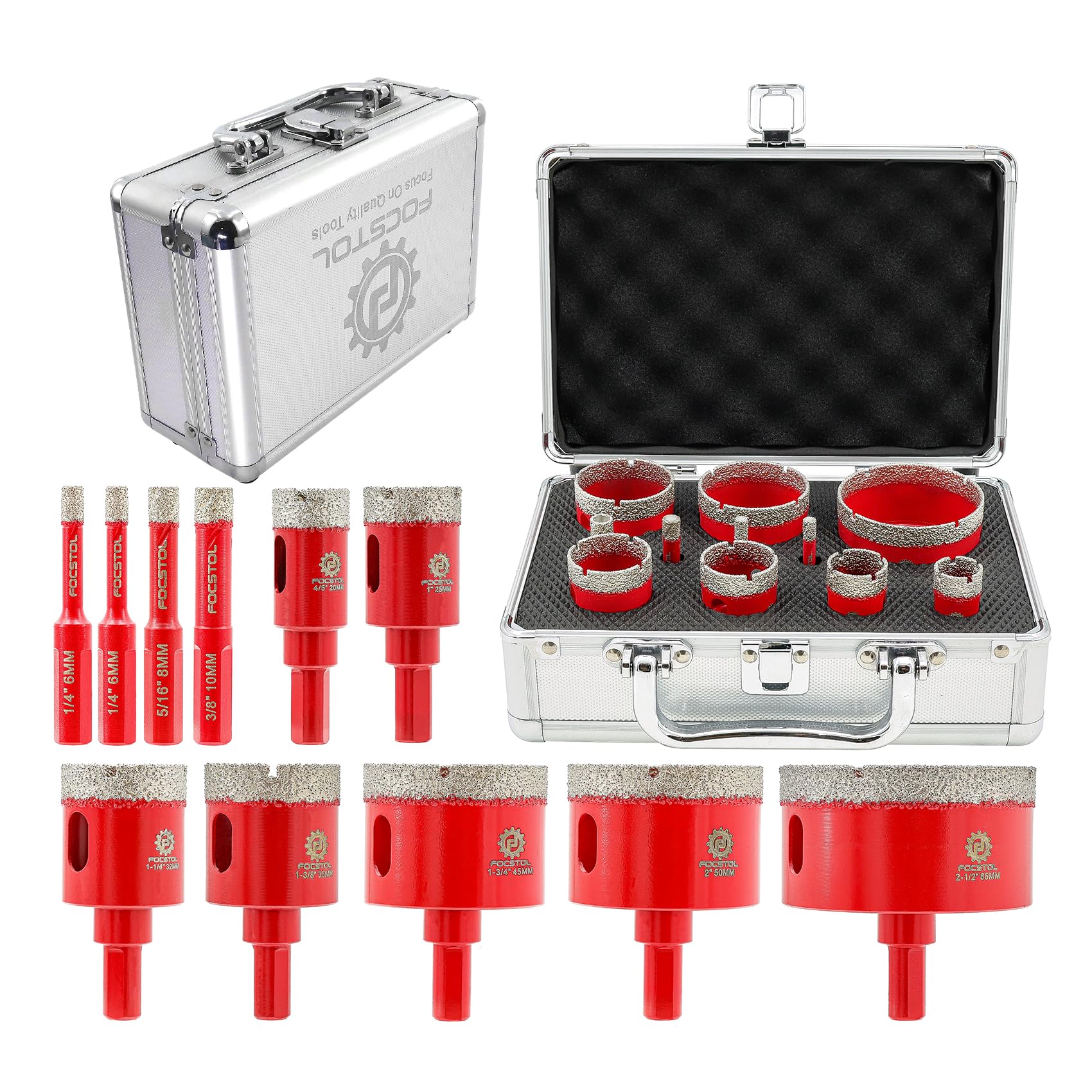 Diamond Core Drill Bits Set - FOCSTOL 11pcs (6/6/8/10/20/25/32/35/45/50/65mm) Hole Saw Kit with Triangle Shank for Porcelain Tile Ceramic Granite Marble — image 1