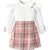 Aulyffo Toddler Girl Clothes,Girls Outfits Long Sleeve Ruffle Button Tops + Plaid Skirt Shorts + Hat 3Pc Little Girls Clothes