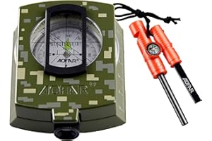 AOFAR Military Compass and Fire Starter AF-4580/381 Lensatic Sighting, Survival Kit,Waterproof and Shakeproof Measure Distance Calculator and Pouch for Camping, Hiking, Hunting, Backpacking