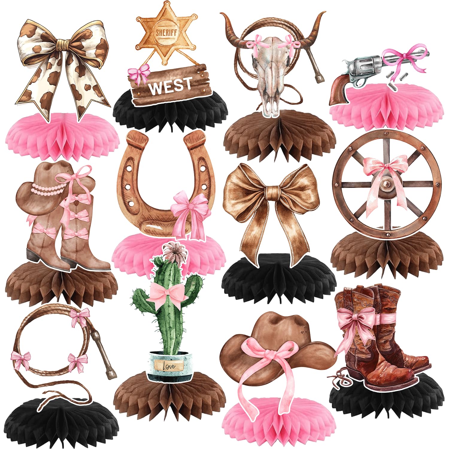 Photo 1 of 12 PCS Coquette Bow Cowgirl Honeycomb Centerpieces Western Bow Cowgirl Birthday Party Decorations Boots or Bows Rodeo Pink Cowgirl Table Centerpieces Decorations for Bachelorette Birthday