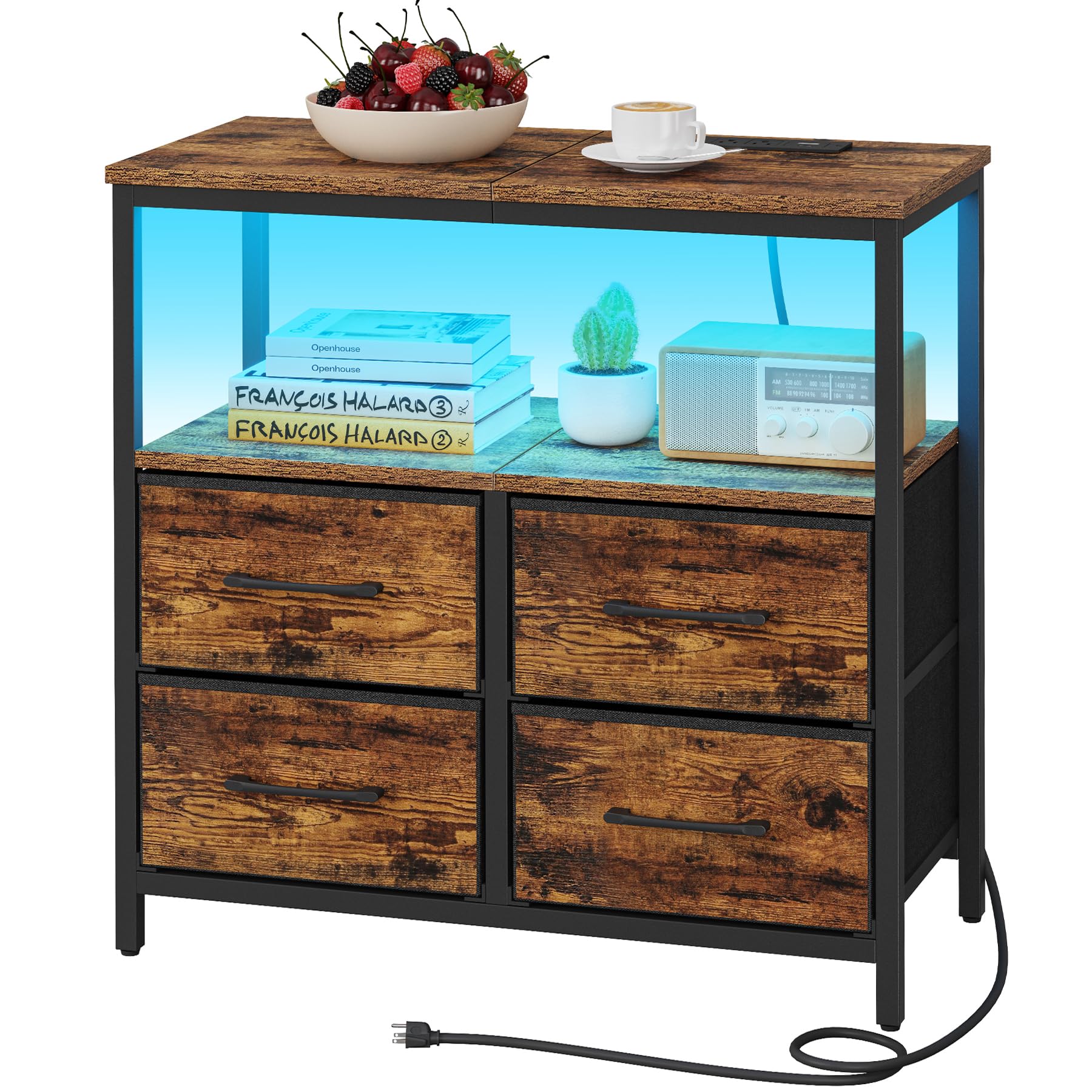 Photo 1 of TUTOTAK LED Night Stand with Charging Station, Large Nightstand with USB and Type-C Port, Bedside Table with Cloth Drawers, End Table for Livingroom, Bedroom, Brown TB01BB081L