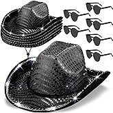 Zhanmai 6 Set LED Cowboy Hat Light Up Glitter Cowboy Hat with Sunglasses Sequin Space Cowgirl Hat for Women Men Costume