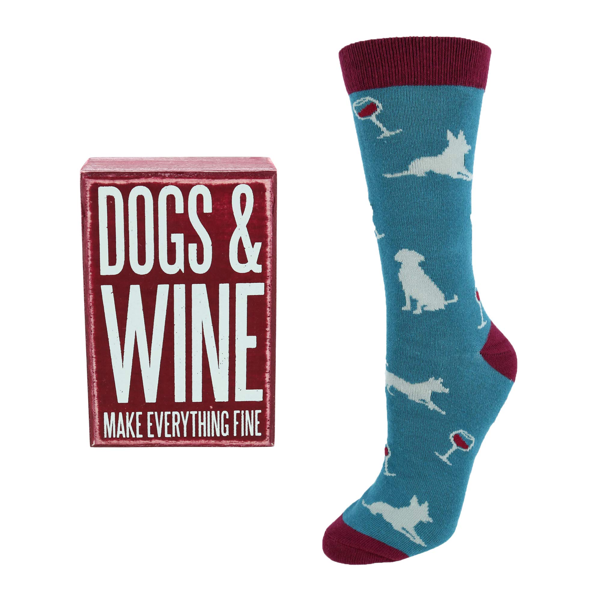 Primitives by Kathy Decorative Box Sign & Pair of Socks Gift Set-Dogs and Wine Make Everything Fine, Cotton Wood, Red, Blue, One Size