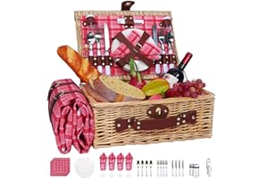 Picnic Baskets Wicker Willow Picnic Set for 4 Persons with Insulated Cooler Bag and Waterproof Pink Plaid Picnic Blanket Gift