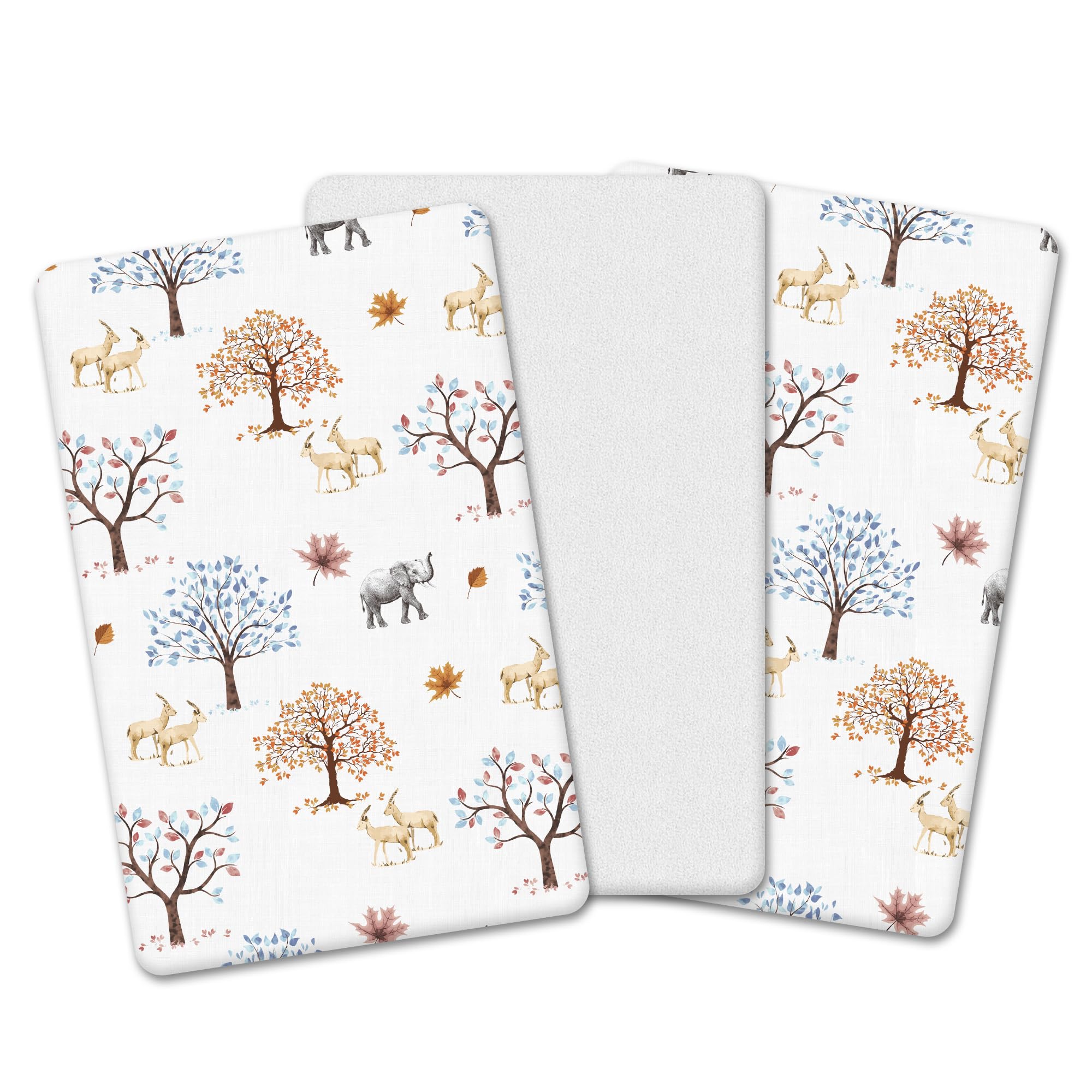 The Perfect Trio | Next To Me Compatible (83-85 x 50-51 cm) - 2x 100% Pure Cotton Crib Fitted Sheets & 1 Waterproof Mattress Protector (Trees & Animals, 83-85 x 50-51 cm)