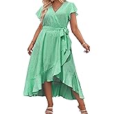 IN'VOLAND Plus Size Womens Floral Summer Dress Casual Wrap V Neck Short Sleeve Belted Beach Bohemian Maxi Dress