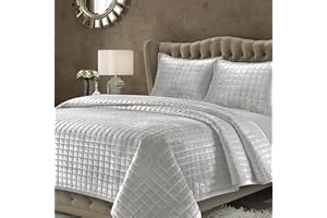 Tribeca Living Velvet King Quilt Set, Three-Piece Box Stitch Bedding Set Includes One Oversized Quilt & Two Sham Pillowcases, 260GSM Super Soft Velvet, Florence/Silver Grey