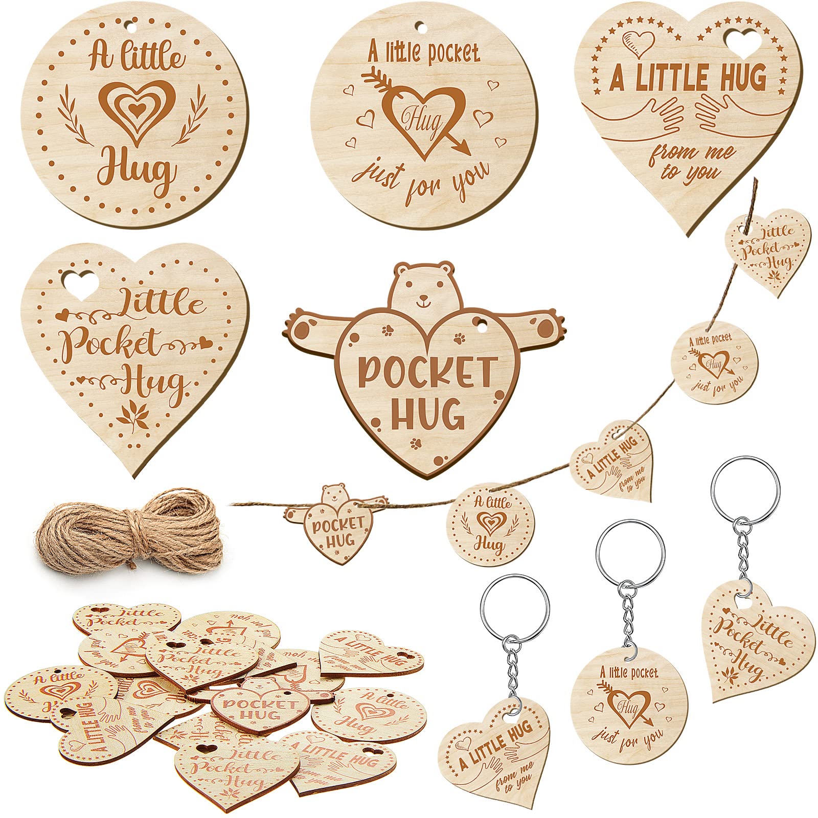 25 Pcs Little Pocket Hug Wooden Hearts Token with Hole Rope Keyring Ornaments Wood Bear Pocket Hug Engraved Token Gifts Thinking of You Present for Friend Family DIY Home Decoration