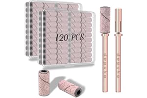 [Upgrade]Depvko 120pcs Small Sanding Bands for Nail Drills with 2pcs 3.1MM Mandrel Nail Drill Bits, 120 Medium Grit Nail File Sanding Bands for Acrylic Nails Tech Gel Manicures and Pedicure, Pink