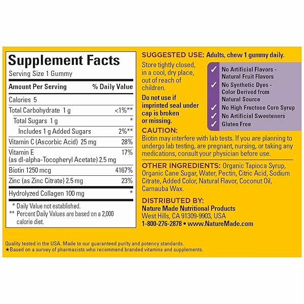 NATURE MADE COLLAGEN GUMMIES WITH VITAMIN C, ZINC AND BIOTIN, HYDROLYZED COLLAGEN PEPTIDES SUPPLEMENT FOR HEALTHY SKIN SUPPORT, 60 GUMMIES, 60 DAY SUPPLY