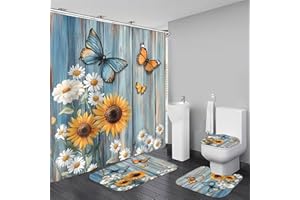 AZHM Rustic Flower Shower Curtain Set Sunflower and Daisy Floral Bathroom Set with Butterfly Accents with Shower Curtain and Bath Mat and 12 Hooks
