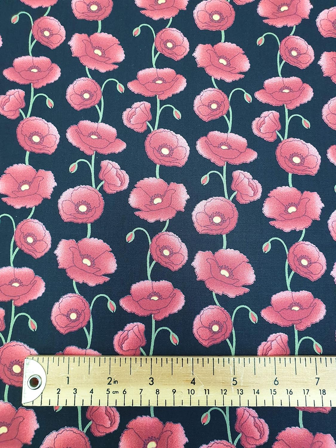 100% Cotton Poplin Fabric - Red Poppy Flower Print on Black Background - Craft Fabric Material by The Metre (CPO460BLA