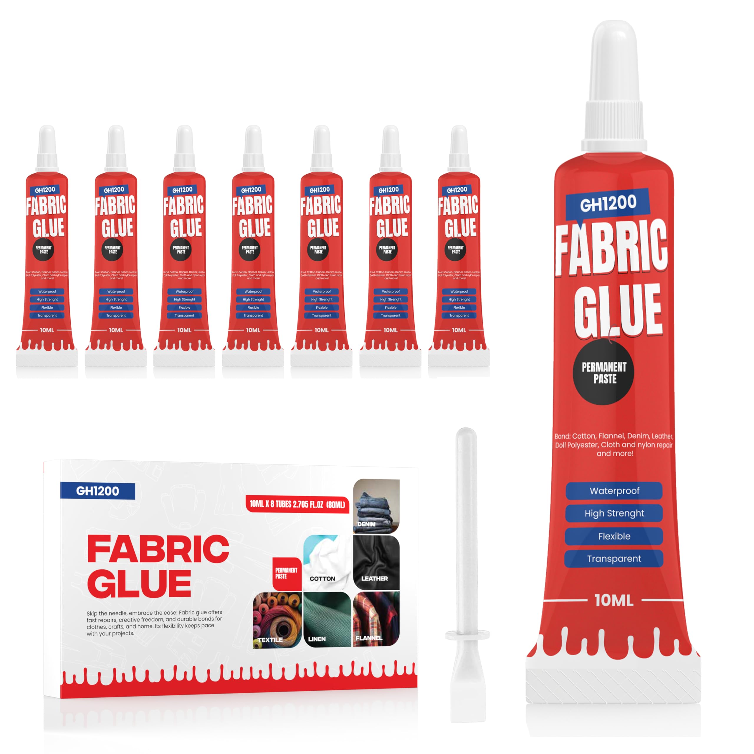 Photo 1 of Fabric Glue Permanent (10 ML x 8), Fabric Glue for Clothing Permanent Washable for Rhinestones, Patches, Clothes, Denim, Leather, Polyester, Fabrics, Doll Repair, Flannel, Cotton & More