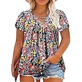 VISLILY Womens-Plus-Size-Summer-Tops Chic Keyhole V Neck T Shirts Cute Petal Short Sleeve Blouses Flowy Pleated Tunics XL-5XL