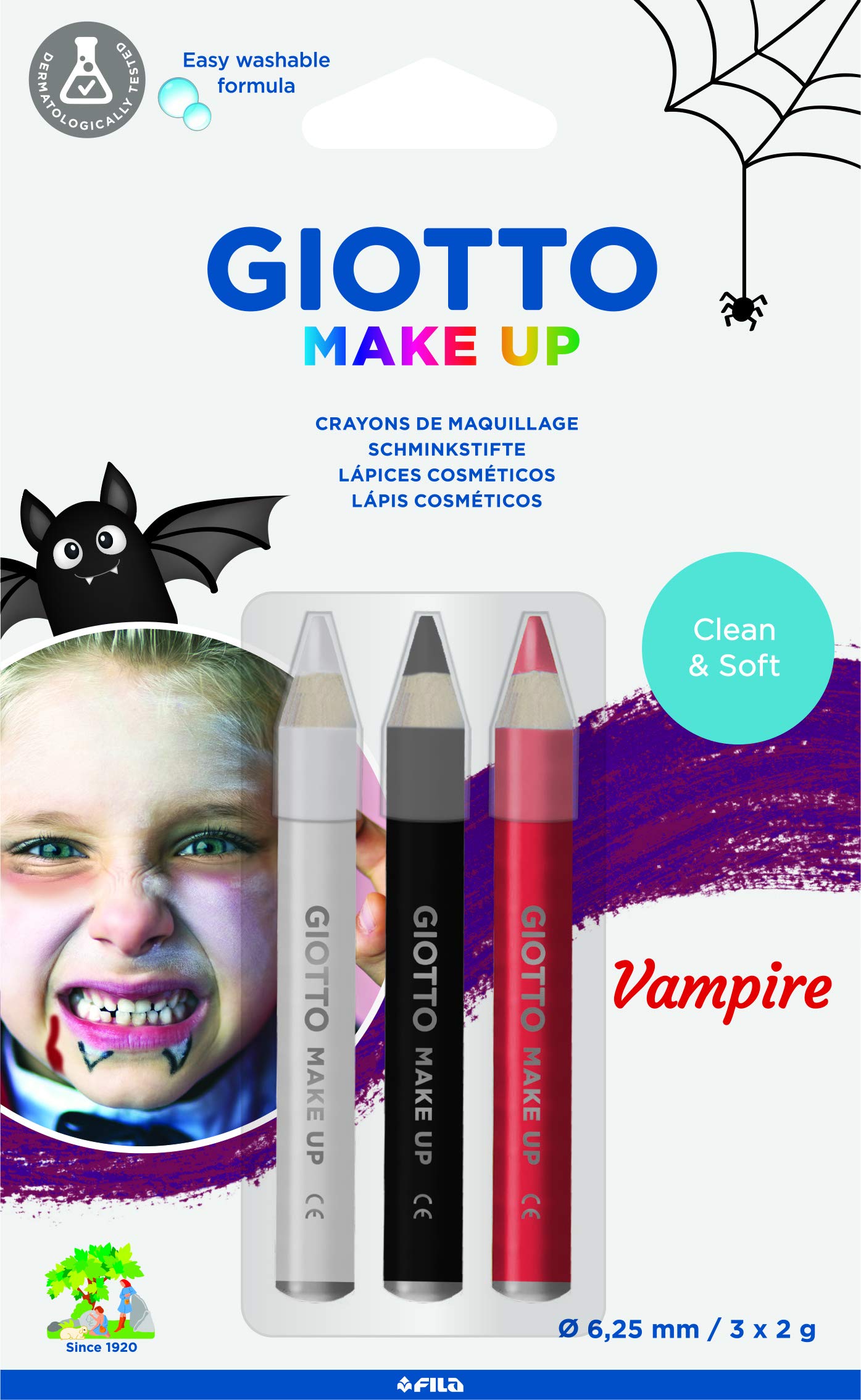 GIOTTO Kids Halloween & Dress Up Vampire Make-Up Pencils Set in White, Black & Red, Easy Washable from Skin, For Dress Up, Children and Parties
