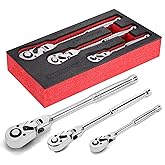 UYECOVE 1/2 3/8 1/4 Inch Drive Ratchet Set, 3Pcs Flex Head Ratchet Set, 72 Tooth Quick Release Flexible Swivel Head Socket Ra