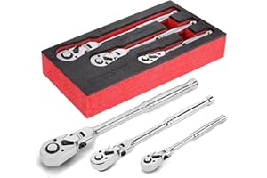 UYECOVE 1/2 3/8 1/4 Inch Drive Ratchet Set, 3Pcs Flex Head Ratchet Set, 72 Tooth Quick Release Flexible Swivel Head Socket Ra