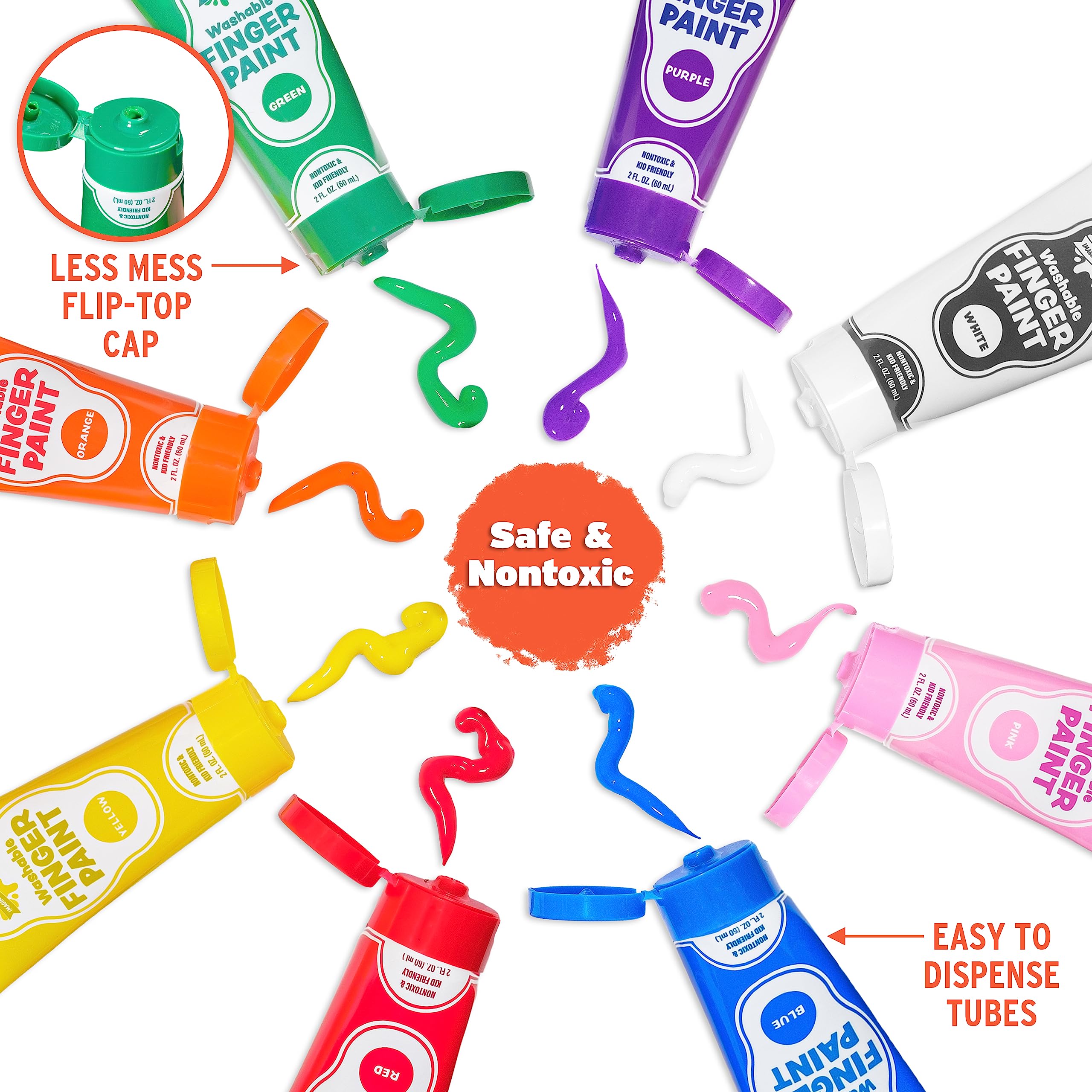 Washable Finger Paint for Kids, Variety 8 Pack | Nontoxic, Washable Toddler Paint Set for Kids | Easy-to-Squeeze Tubes for Less Mess | Vibrant Colors Perfect for Toddler Art Supplies