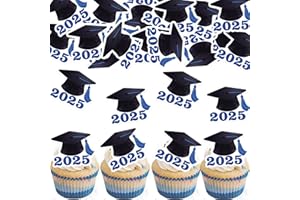 Fyeoxle 42pcs Edible Graduation Cap Cupcake Toppers Wafer Paper Blue Class of 2025 Cake Decorations Edible Grad Cap Cupcake Picks for 2025 Graduation Theme Party Cake Decor Supplies