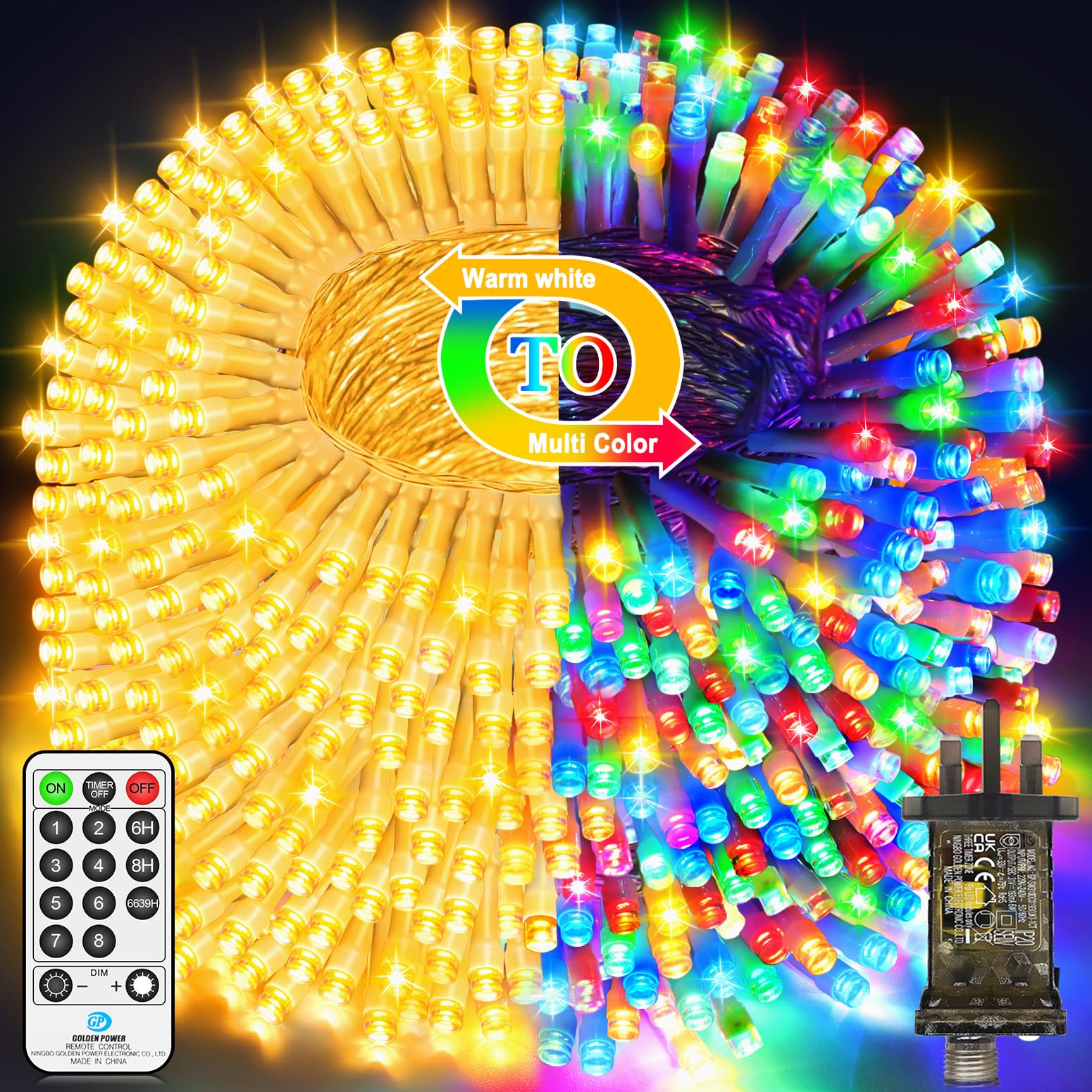 98 FT 300 LED Outdoor Fairy Lights Plug In Christmas Lights Color Changing String Lights Waterproof 11 Modes Timer for Outside House Tree Garden Wedding Party Decorations-Warm White to Multicolored — image 1