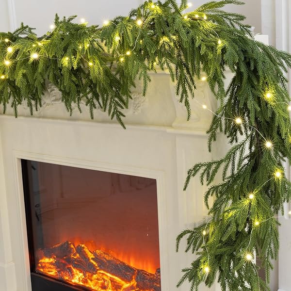 PREMIUM 30% FULLER 2PACK 6 FT ARTIFICIAL NORFOLK PINE GARLANDS WITH LIGHTS, REAL TOUCH WINTER PINE GARLAND, FOR STAIRCASE, TABLE, MANTLE, WALL, INDOOR, OUTDOOR CHRISTMAS DECORATIONS, FLOWER ARRANGING