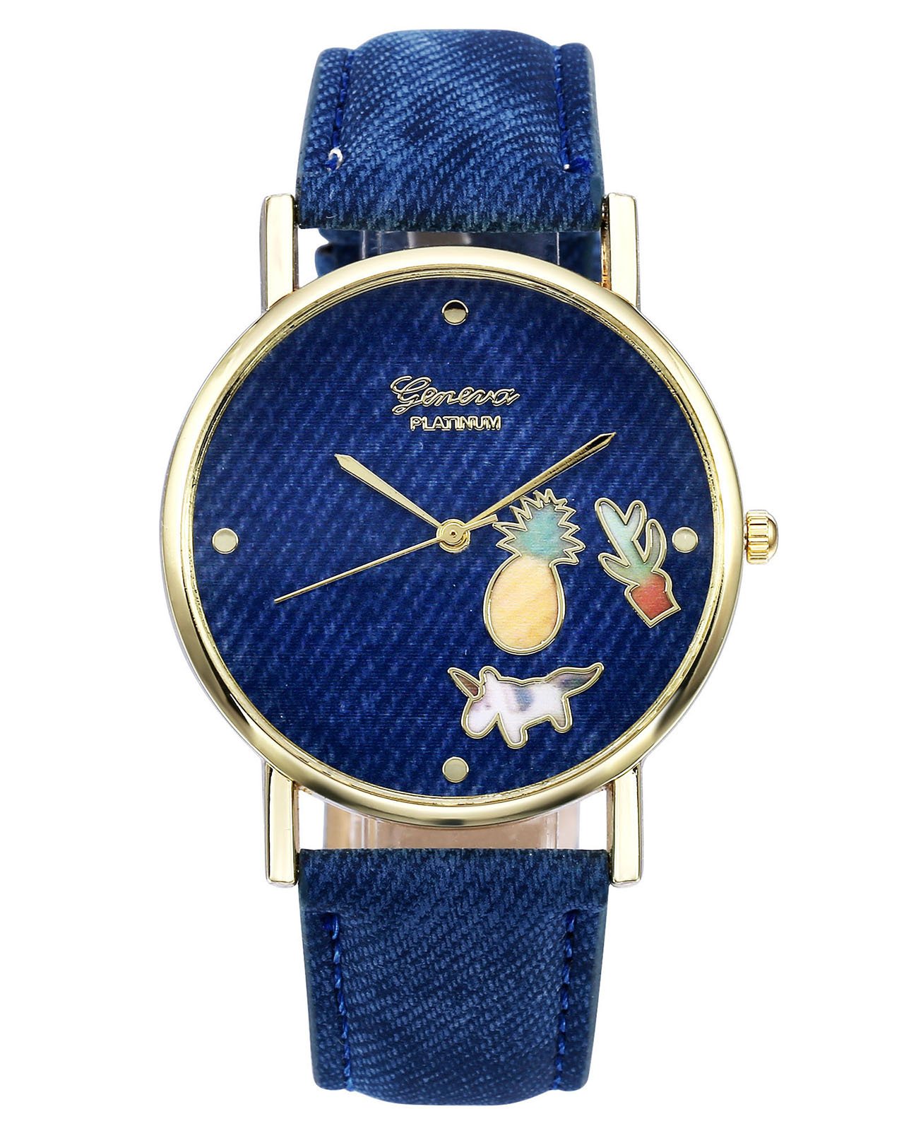 JSDDE Uhren,Fashion Cute Cartoon Einhorn Ananas Kaktus Armbanduhr Denim PU Lederband Damenuhr Kleid Quarz Uhr,Dunkelblau