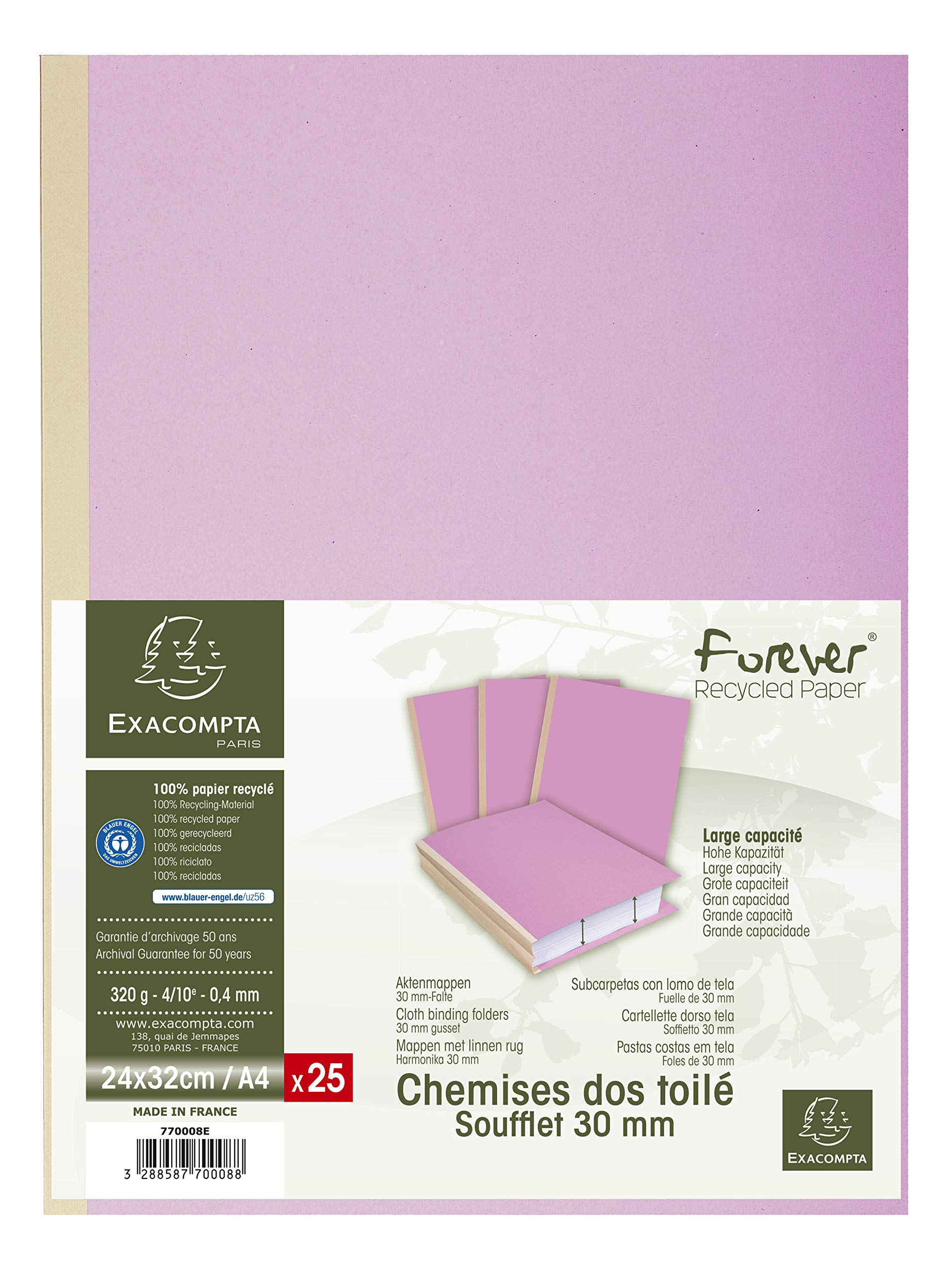 Exacompta - Ref 770008E - Forever Collection - Cloth Spine Folders - 240 x 320mm in Size, Suitable for A4 Documents, 3mm Spine, 320gsm Recycled Card - Lilac (25 Pack)
