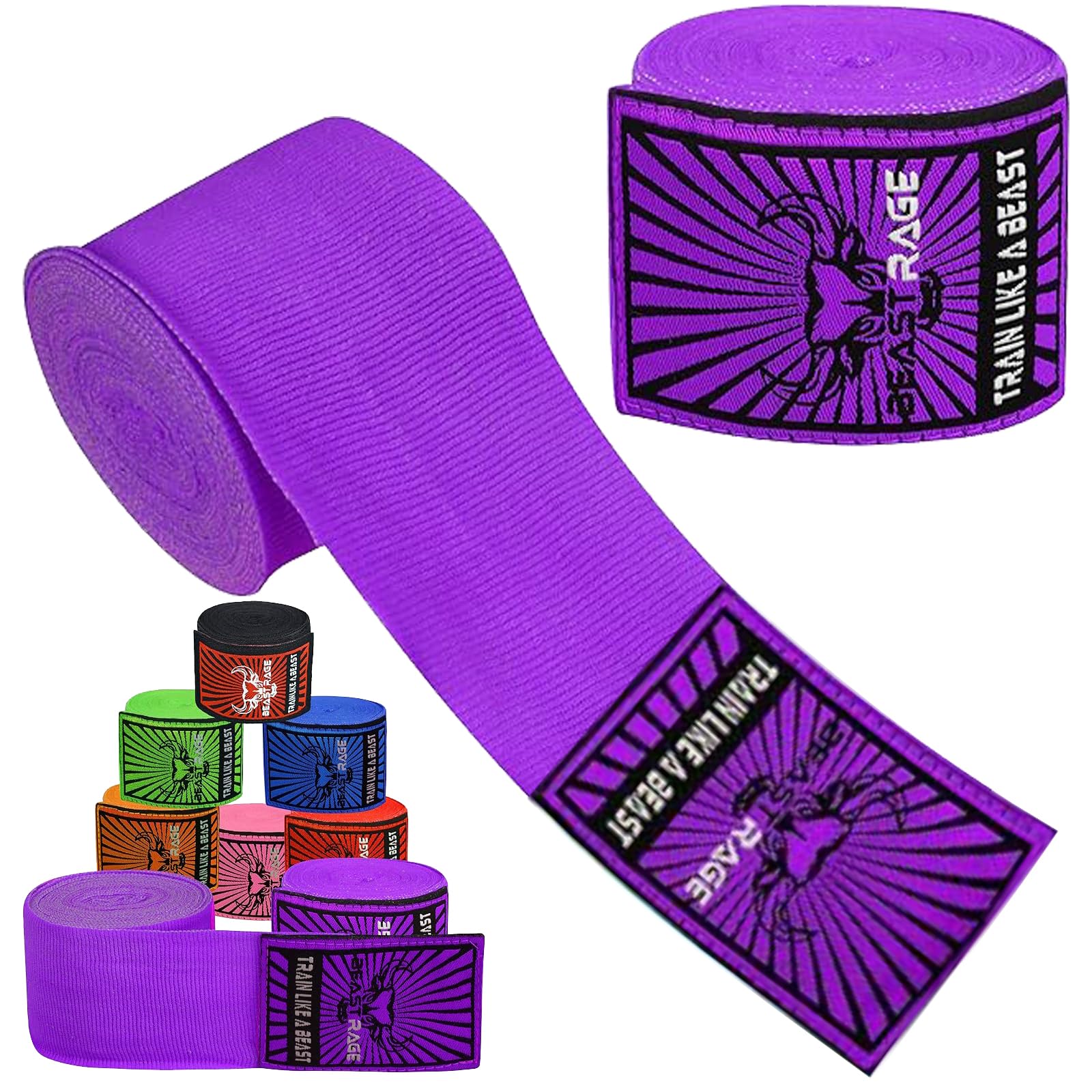 BEAST RAGE Boxing Hand Wraps Men Protection MMA Support Inner Gloves Martial Arts Training Wrapper Punching Combat Sports Muay Thai, under Mitts 4.5 Meter Elasticated Bandages (4.5 M, Purple)