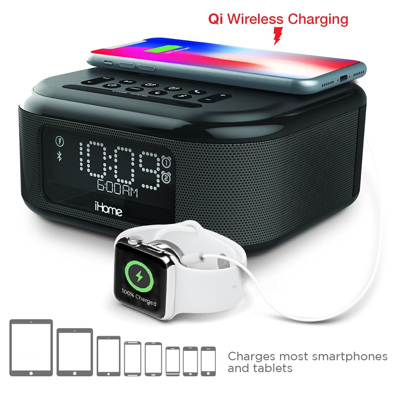 Amazon.com: iHome iBTW23 Wireless Charging Bluetooth Alarm Clock with  Speakerphone & USB Charging