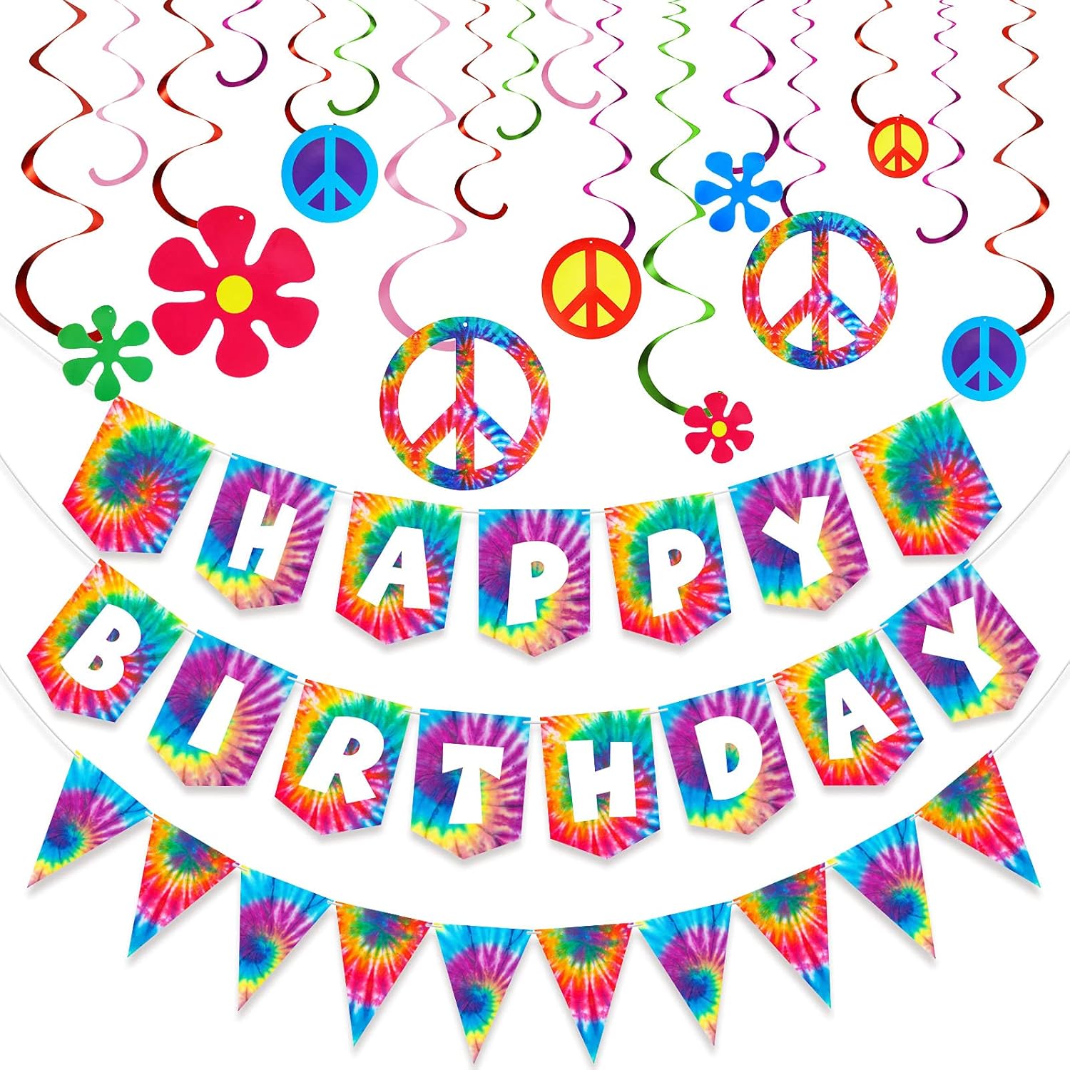 15 Pieces Tie Dye Party Happy Birthday Banner Pennant Banner and 60's Hippie Theme Party Foil Swirl Decor for Tie Dye Party Art Classic 60s 70s Theme Hippie Carnival Party Baby Shower Birthday Party