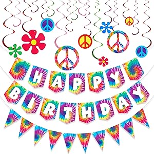 15 Pieces Tie Dye Party Happy Birthday Banner Pennant Banner and 60's Hippie Theme Party Foil Swirl Decor for Tie Dye Party Art Classic 60s 70s Theme Hippie Carnival Party Baby Shower Birthday Party