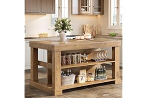 Tribesigns Kitchen Island with 3 Shelves, 55 Inches Width Kitchen Shelf with Large Worktop, Stable Wooden Structure, Farmhouse Style, Easy to Assemble, Light Brown