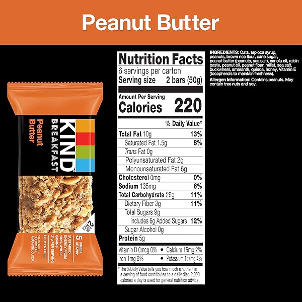 KIND BREAKFAST BARS, PEANUT BUTTER, HEALTHY SNACKS, GLUTEN FREE, 5G PROTEIN, 6 COUNT