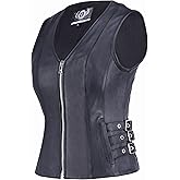 TRUE ELEMENT Women's Zipper Front V-Neck Quality Motorcycle Leather Vest for Female Bikers (Black, Sizes XS-3XL)