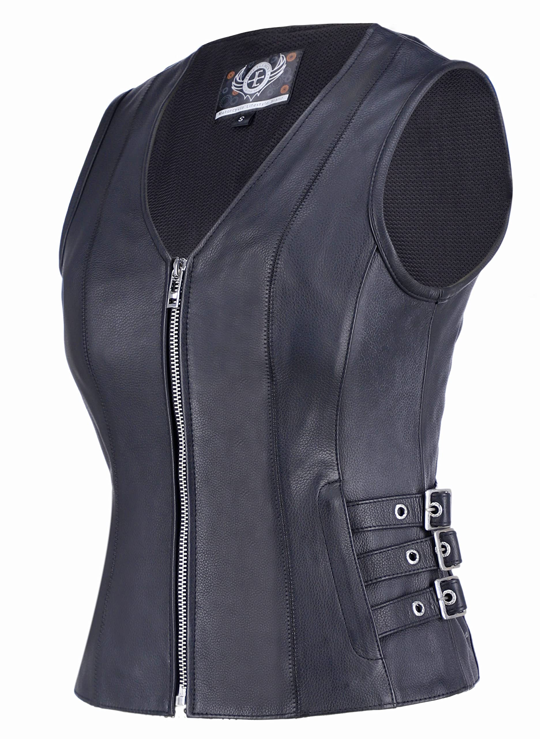 Photo 1 of True Element Women's Zipper Front V-Neck Quality Motorcycle Leather Vest for Female Biker's (Black, Size medium)