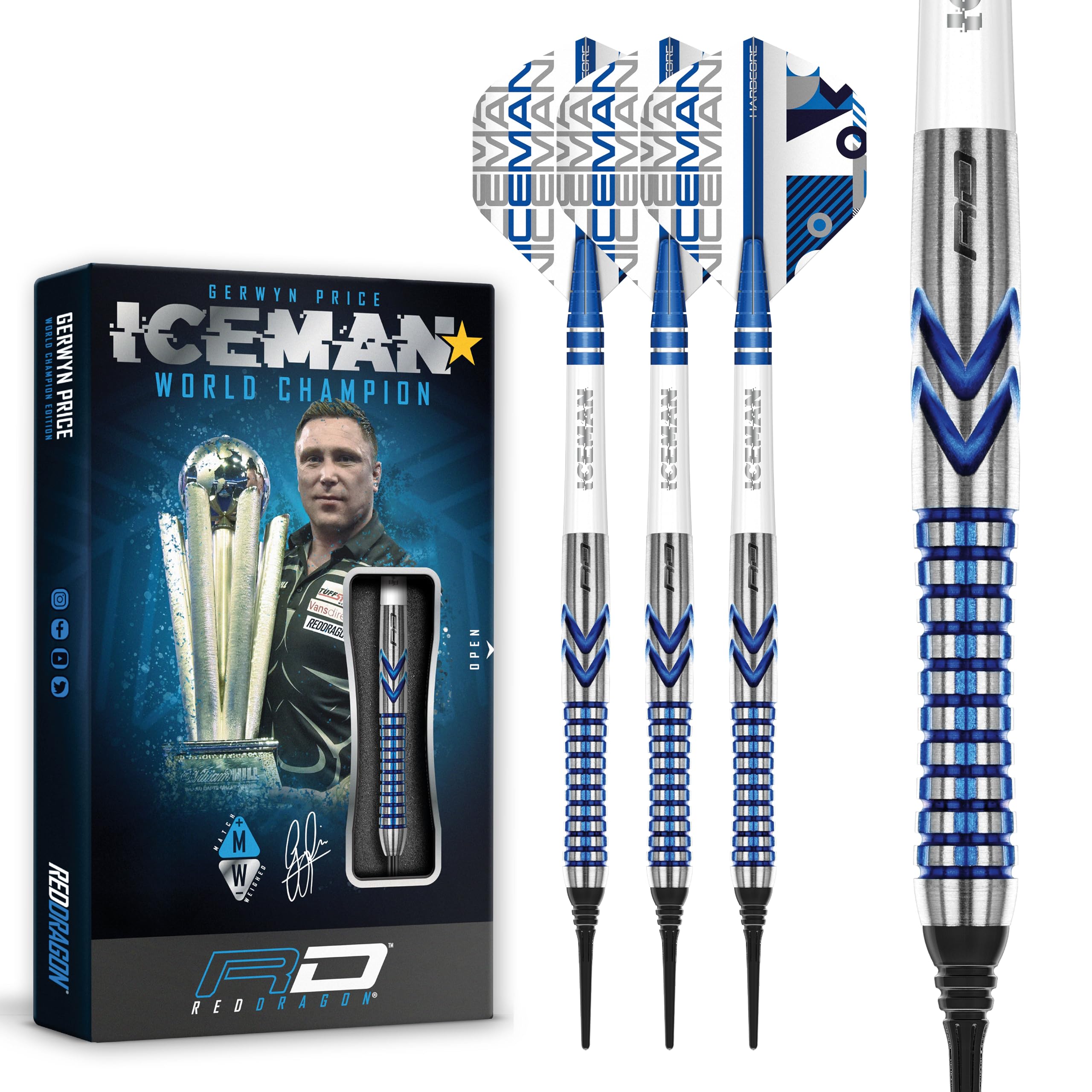 Red Dragon Gerwyn Price Iceman Contour 18 Gram Professional Tungsten Darts Set with Flights and Stems, (rdd0764)