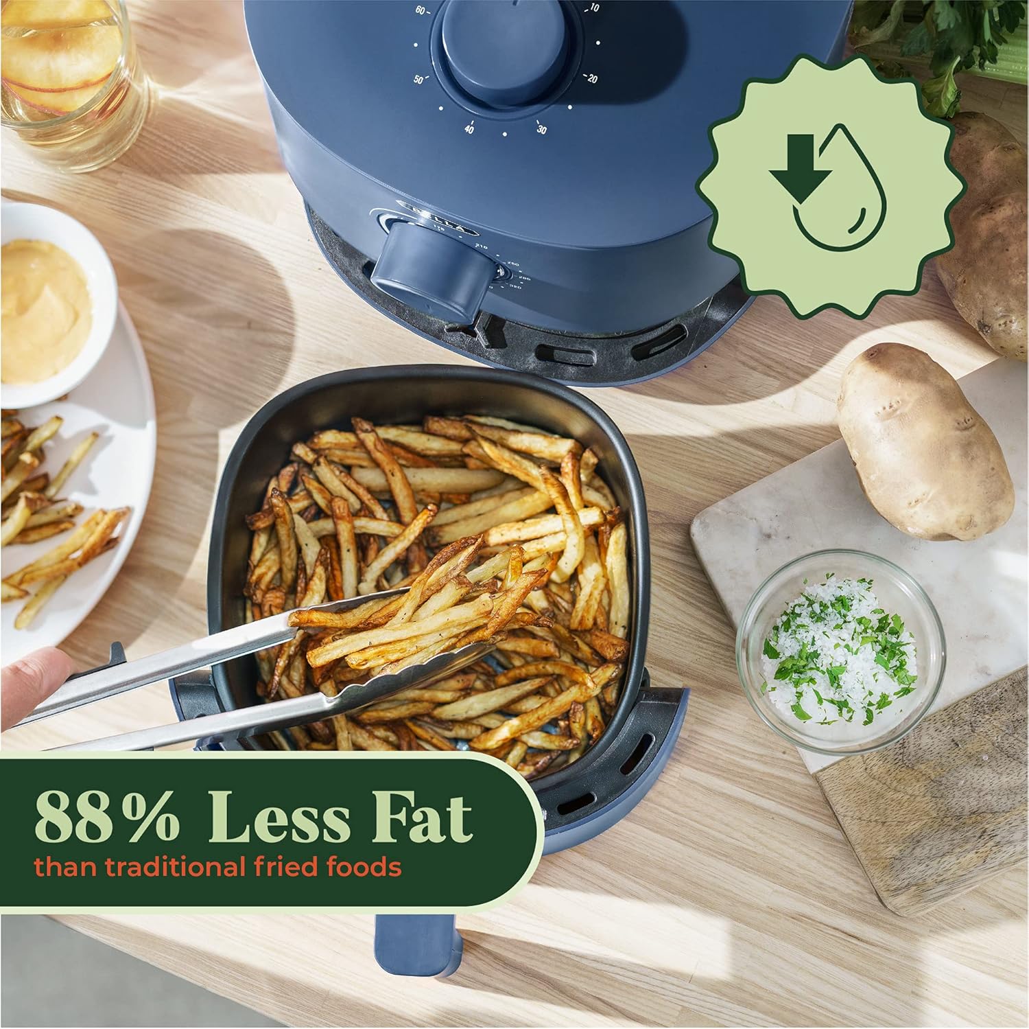 BELLA 2.9QT Manual Air Fryer, No Pre-Heat Needed, No-Oil Frying, Fast Healthy Evenly Cooked Meal Every Time, Removeable Dishwasher Safe Non Stick Pan and Crisping Tray for Easy Clean Up, Matte Blue: Kitchen & Dining